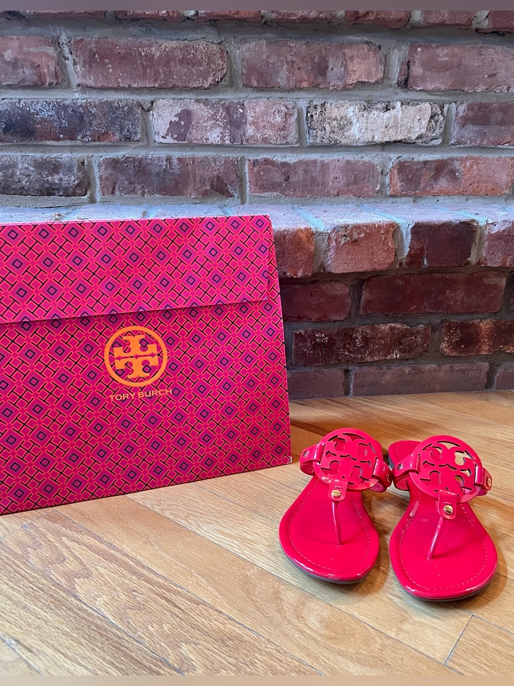 Tory Burch Red Ruby Jewel Patent Leather Iconic Miller Sandals